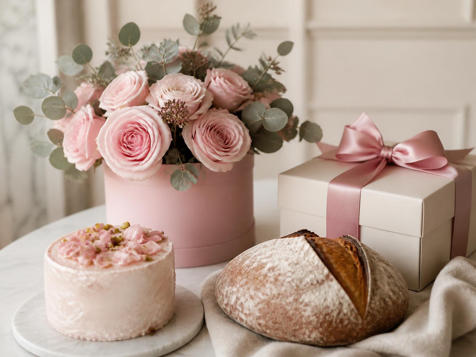 Blush roses, a celebration cake, artisan bread and a ribboned gift box